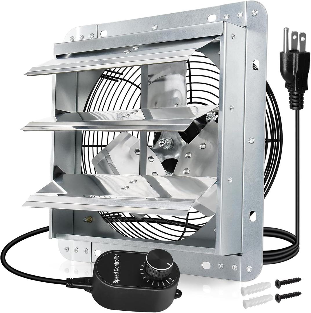 Hiorucet 14 Inch Shutter Exhaust Fan Wall Mounted, High Performance Low Noise Garage Louvered Exhaust Fan with Speed Controller and Power Cord Kit for Greenhouse, Shop, Attics, Chicken Coop, Basement.