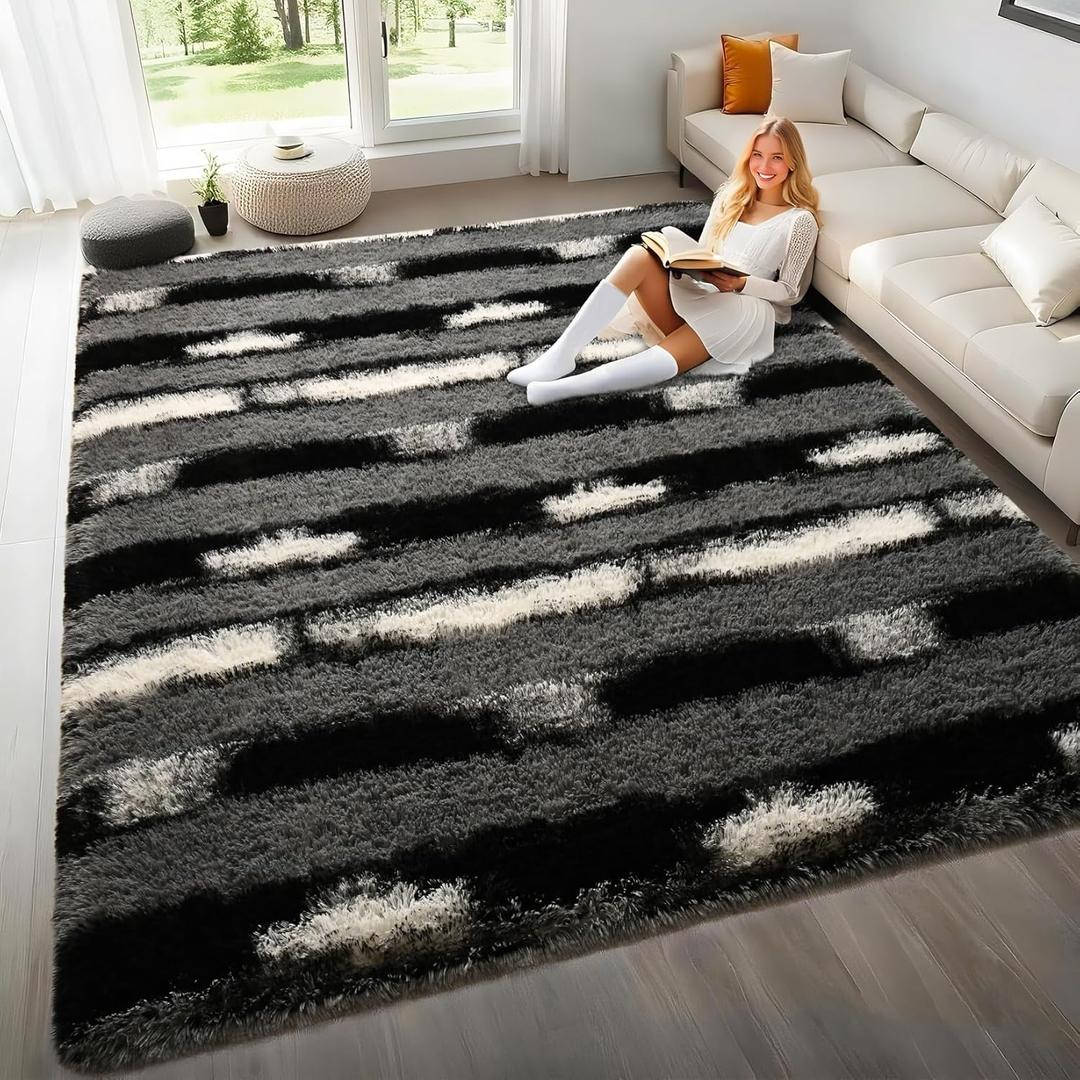 6x9 Feet Area Rugs for Living Room Bedroom,Gray and White Machine Washable Soft Fluffy Shaggy Indoor Rug, Floor Carpet for Girls Boys Kids, Dorms, Nursery Rooms, Home Decor Aesthetic