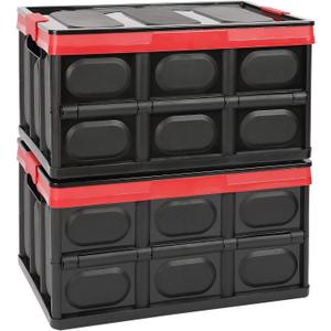 Lidded Storage Bins 2 Pack 30L Collapsible Storage Box Crates Plastic Tote Storage Box Container Stackable Folding Utility Crates for Clothes Books,Snack, Fruits Vegetables Grocery Storage Bin-Black