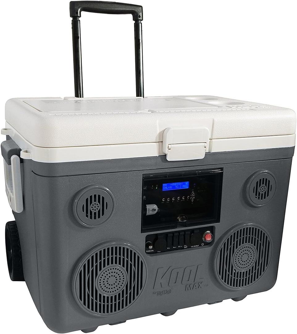 KoolMAX Cooler with Bluetooth Speaker System, 350W Boombox, 40 Qt Cooler, Rechargeable, USB 12V Car Cigarette Lighter Power Station, Guitar Amplifier, Radio, PA Machine, Karaoke, Grey