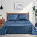 Pothuiny 6-Piece Striped Satin Bed Sheet Set, Queen Size, Flint Blue, Luxury Silky, 1 Fitted + 1 Flat + 4 Pillow Cases