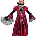 IKALI Girls Vampire Costume Outfit, Kids Princess Fancy Dress Up Gown for Halloween Party (Red)