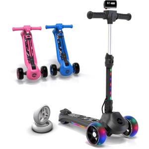 T200/T500 Balance Electric Scooter for Kids Age 4-9, 2 Types Front Wheels, Electric Horn, Full Body Lights Up, Wide Deck, 5Mph Safe Speed, 70min Riding, Foldable Kick Scooter Boys & Girl (Midnight Black)