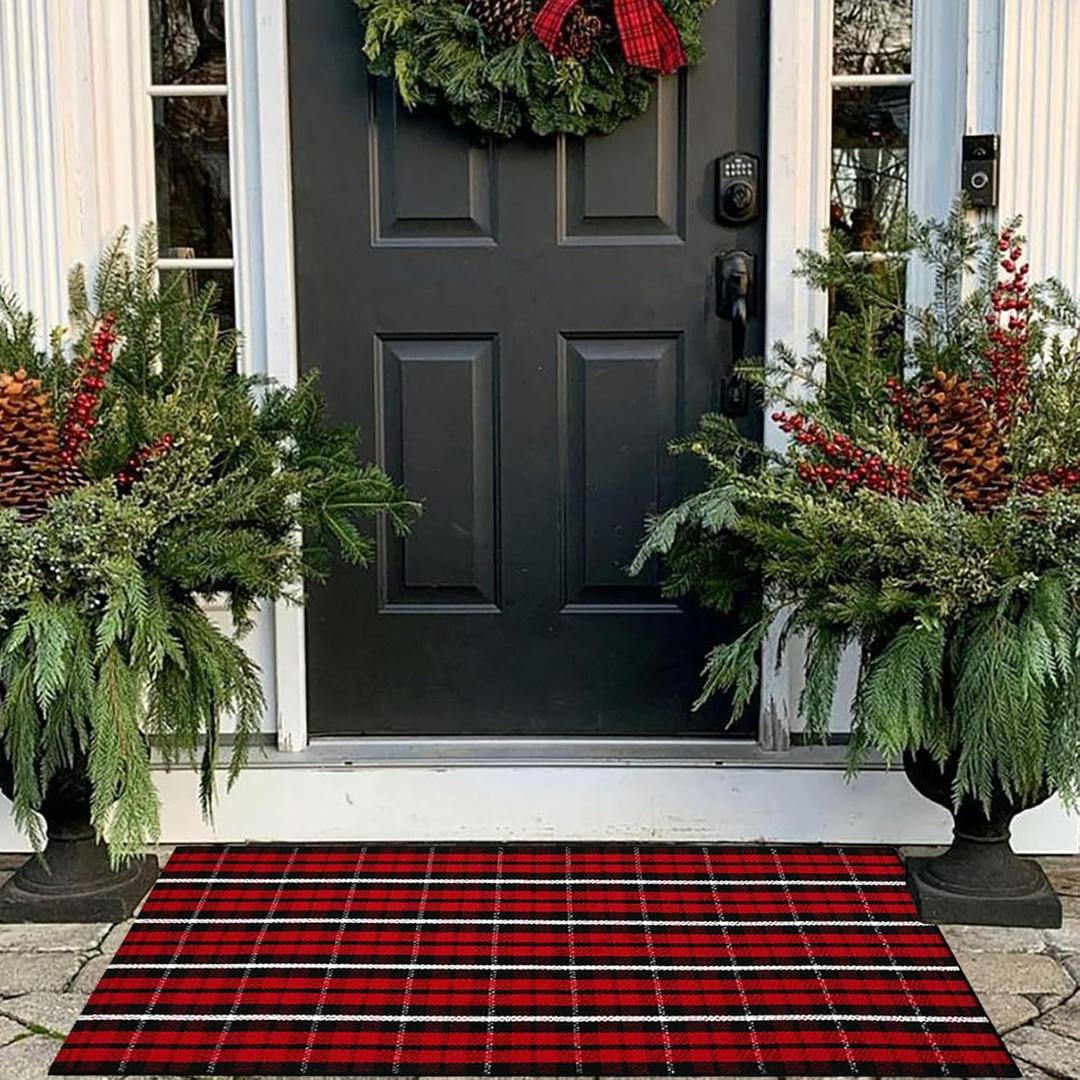 Buffalo Plaid Outdoor Rug Christmas Door Mat Christmas Decor Welcome Rug Cotton Hand-Woven Layered Door Mats for Front Porch, Kitchen, Farmhouse, Entryway (24"x51", Red/Black/White)