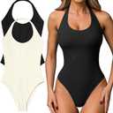 OQQ Women Halter Neck Bodysuits 2 Pack Sleeveless Shapewear One Piece Leotard Shirt Going Out Tops (Beige/Black, M)