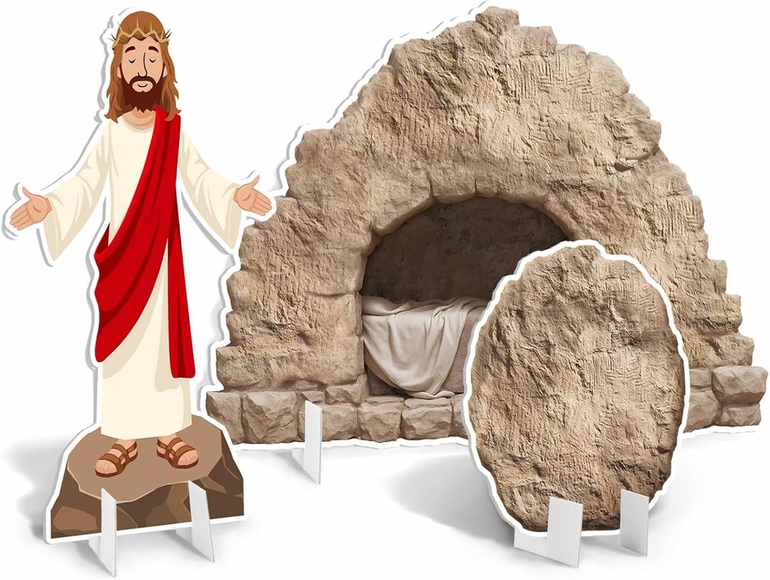BreezeHug Easter Empty Tomb Display Life Size Include Rock Roll Away Cardboard Cutout Standup and Jesus Stand Up Religious Backdrop Photo Props for Church Sunday School Vbs He is Risen Party Decor