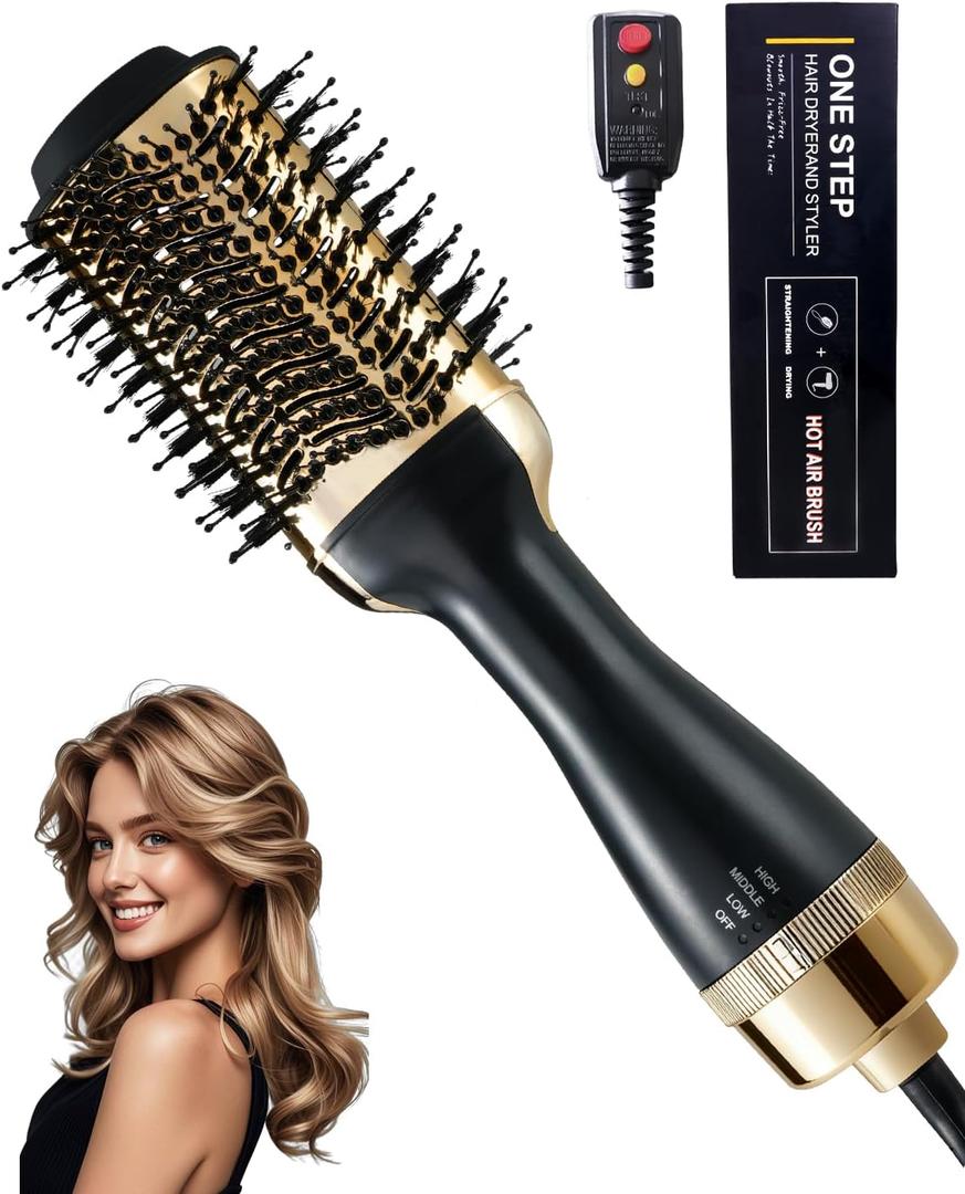 4-in-1 Hair Dryer Brush, Ionic Ceramic Titanium Hot Air Styler with ALCI Safety Plug, 3 Heat Settings for Frizz-Free Blowouts, Salon Volumizer and Straightener (Gold)