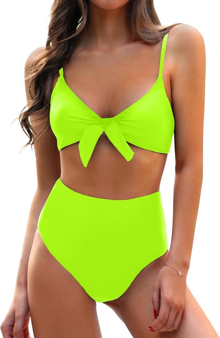 Blooming Jelly Womens High Waisted Bikini Set Tie Knot High Rise Two Piece Swimsuits Bathing Suits (Large, Neon Green)