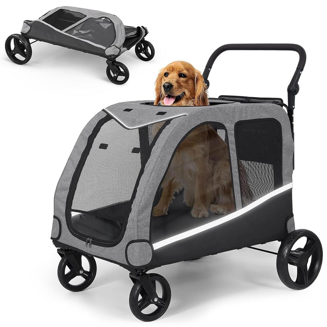 Extra Large Pet Stroller for Medium & Large Dogs - Foldable Design, Adjustable Handle, Up to 160 lbs (Grey)