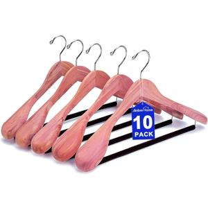Amber Home 10 Pack American Red Cedar Wood Coat, Suit Hangers with Extra Wide Shoulder, Wooden Jacket Clothes Hanger Smooth Deluxe Aromatic Natural Cedar with Non Slip Velvet Pant Bar