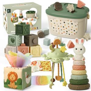 Baby Toys 6 to 12 Months, Montessori Toys for 6-9-18 Months with Shape Sorter Developmental Toys, Baby Blocks, Tissu Learning Sensory Toys Gift for 6-36 Months Girls Boys Infant Toys
