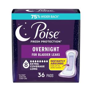Poise Overnight Incontinence & Postpartum Pads for Bladder Leaks, 8 Drop Extra Coverage, 36 Count
