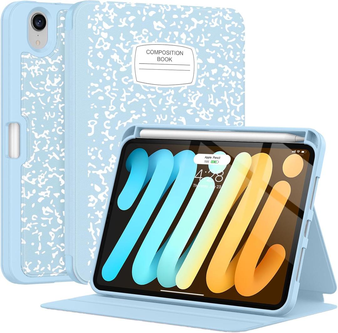 Supveco Case for iPad Mini (A17 Pro) 2024 /iPad Mini 6th Generation 2021 with Pencil Holder-[Auto Wake/Sleep],Slim Protective Case with Soft TPU Back Cover for iPad Mini 8.3 Inch 2024/2021-Ice Blue