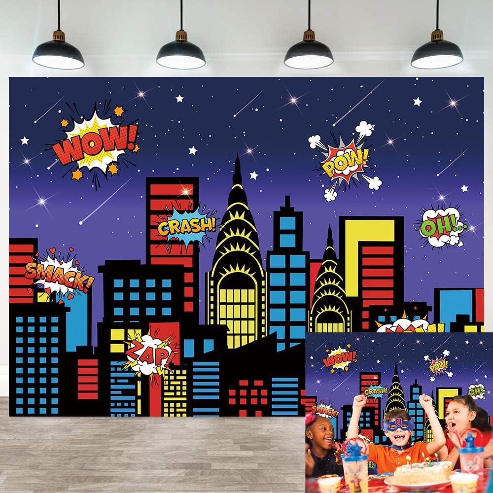 Hero Cityscape Theme Backdrop Night Scene Buildings Boom Hero City Party Photography Background Baby Shower Boy Girl Kids Birthday Party Decoration Studio Shoot Prop (7x5FT)