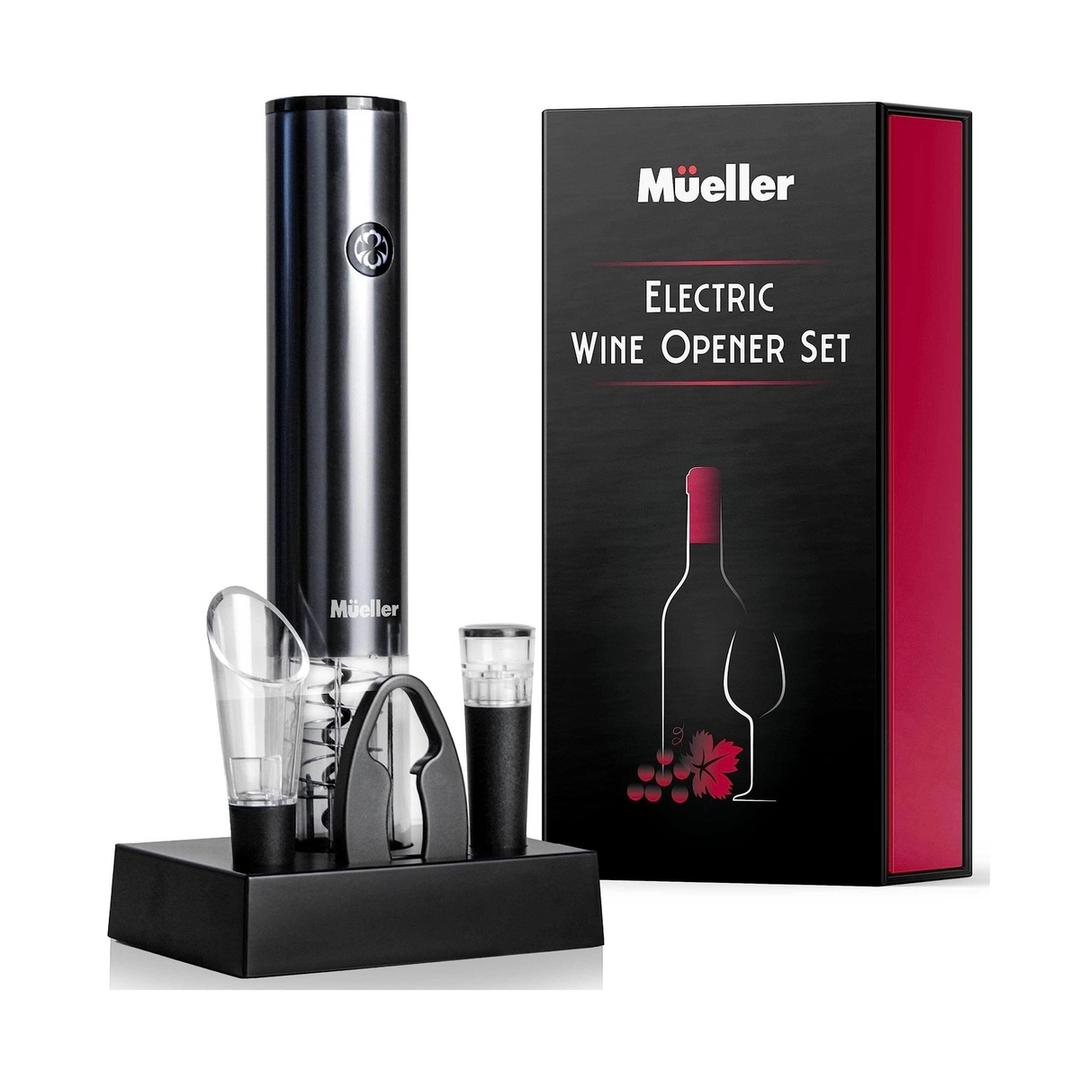 Mueller Electric Bottle Opener Set - Rechargeable Batteries and USB Charging Cable - Electric Corkscrew Opener with Foil Cutter, Bottle Pourer, Vacuum Stopper (Batteries Included), Valentines Day Gifts