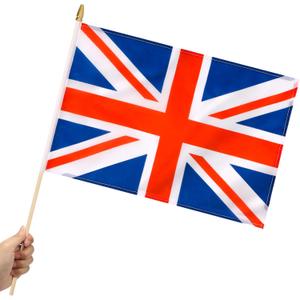 12 Pack British Union Jack UK Stick Flags Small 12x18 Inch Britain Hand Held Flags with 24 Inch Wooden Pole Decorations