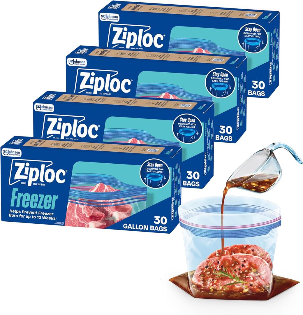 Ziploc Gallon Food Storage Freezer Bags, 120ct Total, Stand-Up Bottom, Easy to Fill, 30 Count, 4 Pack