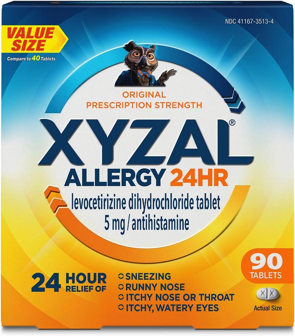 Xyzal 24 Hour Allergy Relief Medicine, Original Prescription Strength Antihistamine, Levocetirizine Dihydrochloride Tablets, 5 mg, 90 Count BBD: 07-2028