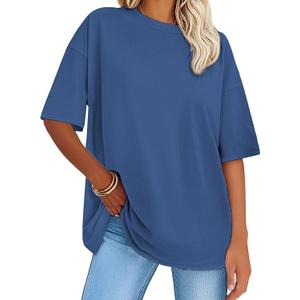 Women's Oversized T Shirts Short Sleeve Cotton Crewneck Summer Tops Casual Loose Fit Basic Tee Shirts Navy Blue, Large