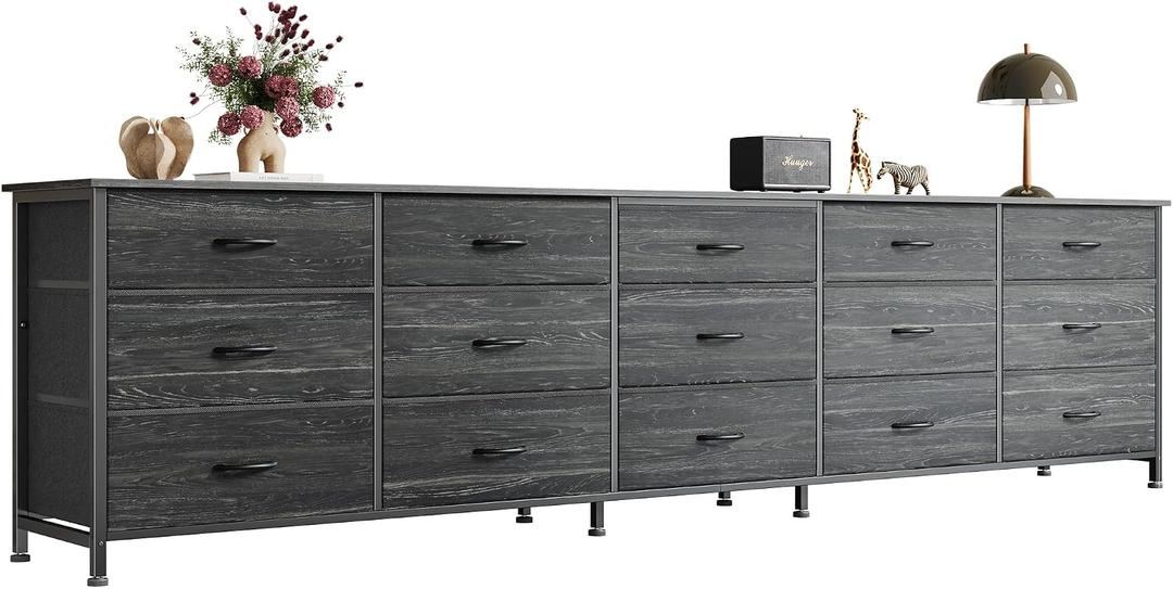Huuger 86.6 Inch Dresser for Bedroom, TV Stand for 65, 75, 85 Inch TV, 15 Fabric Drawer Long Dresser, Large Entertainment Center for Bedroom, Wide Chest of Drawer with Storage, Charcoal Black, 11.8"D x 86.6"W x 26.8"H