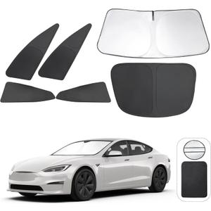 6PCS Windshield Sun Shade Custom Fit for 2023 2024 2025 Tesla Model S Accessories Foldable Sunshade Side Rear Window Shade Cover Full Set Privacy Protection Keeps Car Cool
