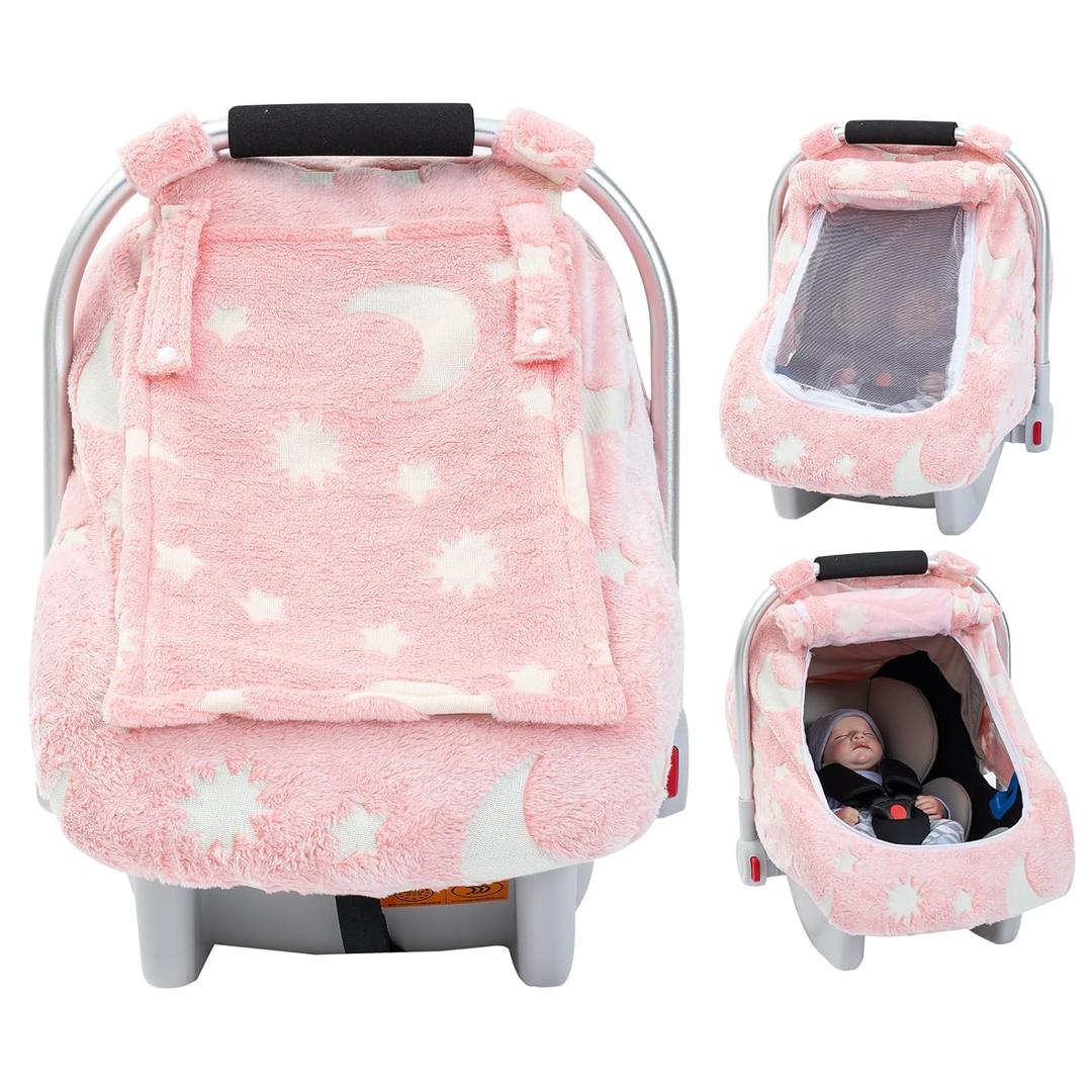 Baby Car Seat Cover, Infant Car Seat Cover Glow in The Dark, Cozy & Warm Carseat Canopy for Girls Boys, Baby Carrier Cover with Zipper Peep Windows for Baby Registry Essentials (Pink)