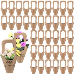 Jeyiour 40 Pcs Kraft Paper Flowers Gift Bags Bouquet with Handle Flower Wrapping Paper Bouquet Kraft Floral Bags Cone Flower Sleeves for Packaging Wedding Graduation Party (Brown)