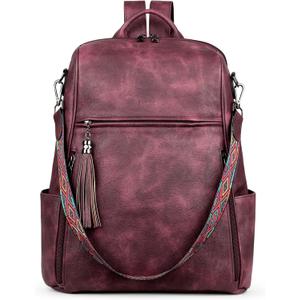 FADEON Leather Laptop Backpack for Women Designer 15.6 inch PU Laptop Bag, Ladies Travel Computer Work Backpack Red (Wine Red Retro Style)