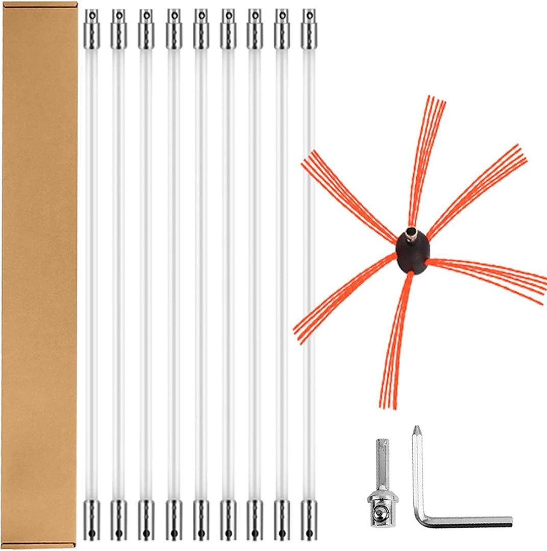 30 Feet Chimney Sweep Kit Chimney Brush Cleaning Kit Rotary Chimney Cleaner System Fireplace Brush Tool with 9 Nylon Flexible Rods and Strong Brush Head (30FT)