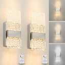 Unique Modern Brushed Nickel LED Crystal Wall Sconce, Battery Operated Light Fixtures for Bedroom Living Room, Crystal Rechargeable Sconce Set of Two, LED Wireless Acrylic Vanity Light(9.25inch)