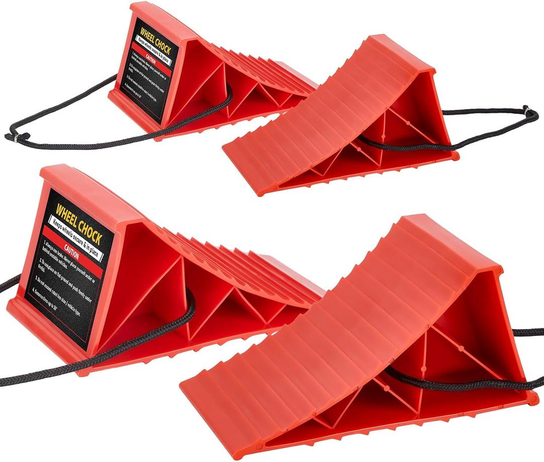 PAHTTO Wheel Chocks, 4Pack Heavy Duty Wheel Chocks with Rope for Easy Removal, Durable, Non-Slip, Hard Plastic Wheel Chocks for, RV, Camper, Effective in Keeping Your Vehicle in Place, Red