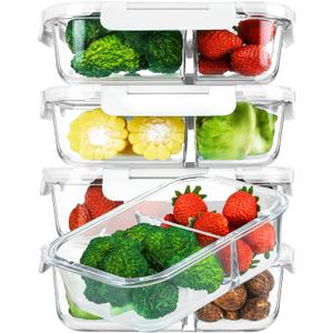 [5-Pack,36 Oz]Glass Meal Prep Containers 2 Compartments Portion Control with Upgraded Snap Locking Lids Glass Food Storage Containers, Microwave, Oven, Freezer and Dishwasher (4.5 Cups, White and Gray)
