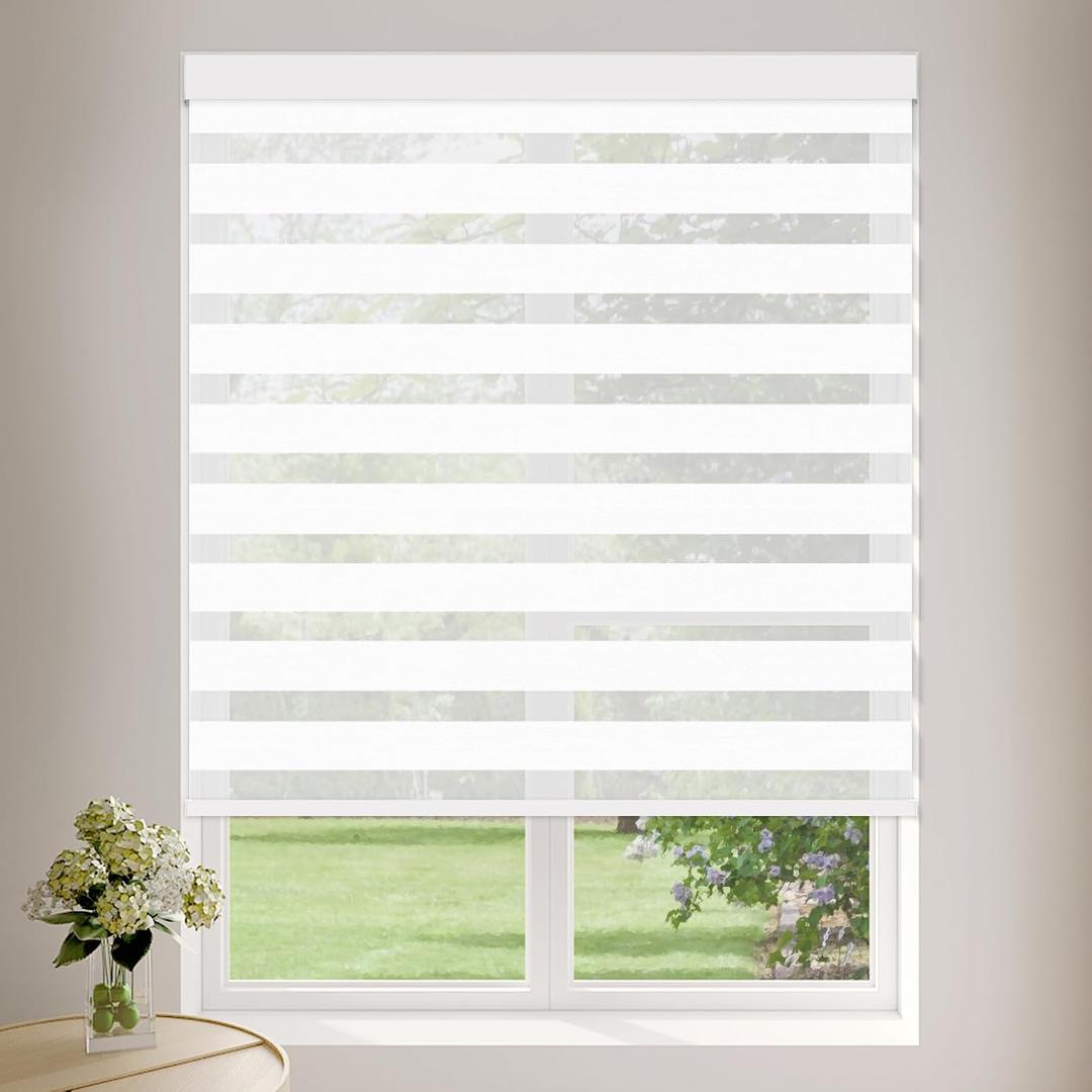 Cordless Zebra Blinds for Windows (27" W X 72" H, White) Free-Stop Zebra Roller Shades Dual Layer Light Filtering Privacy for Day and Night, Light Control for Home, Bedroom, Office
