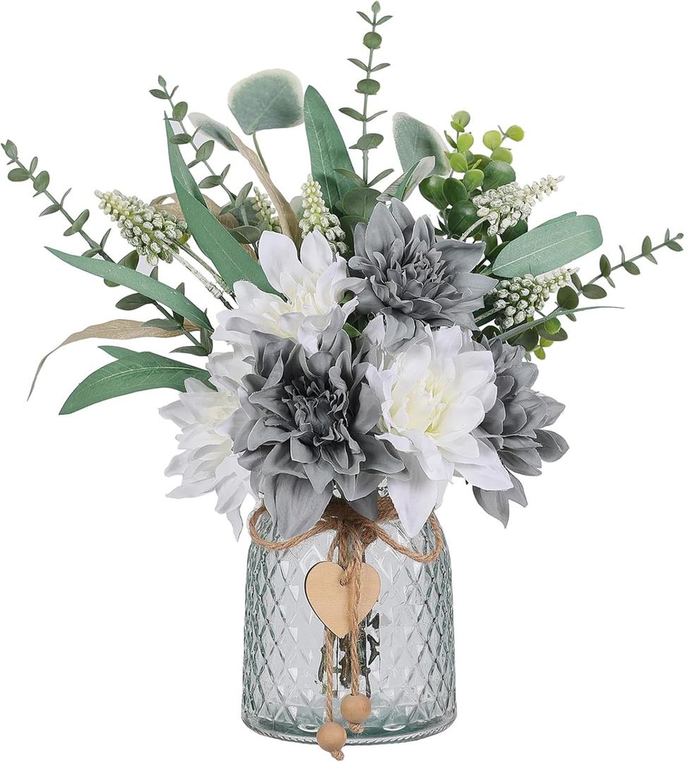 Faux Flowers with Vase,Artificial Silk Flowers in Vase, Fake Plant Eucalyptus and Willow,Flower Arrangement for Home Farmhouse kitchen Dining Table Centerpiece Decorations Table Decor (Grey Blue)
