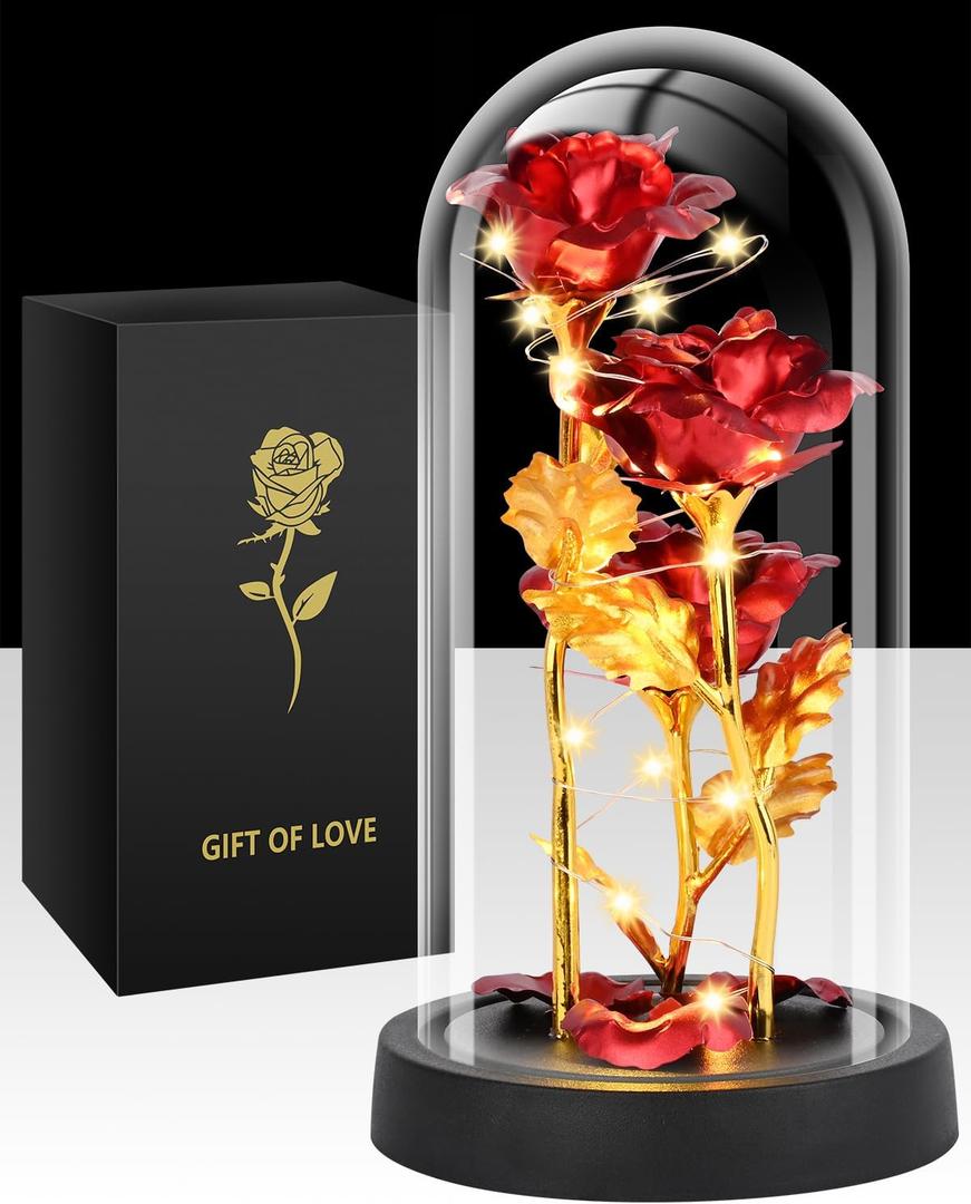 Mothers Day Glass Rose Gifts for Mom Women, Rose Flower Birthday Gifts for Women Mom Wife Girlfriend, Light Up Rose in A Glass Dome, Rose Gifts for Valentines, Mothers Day, Womens Day (Red)