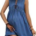 SOLY HUX Women's Maternity Dresses Sleeveless Jean Sundresses Tie Front Flowy Short Denim Dress (Large)