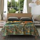 Ginkgo Leaf Quilt Queen Size Dark Green Orange Reversible Cotton Bedspread Coverlet for All Seasons Lightweight Muslin Quilt Throw Blanket for Bed, Couch