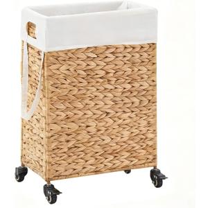 Rolling Laundry Hamper with Wheels, Slim Laundry Basket with Removable Liner Bag & 2 Mesh Bags, Handwoven Water Hyacinth Clothes Hamper for Bedroom Bathroom (Natural, 50L)