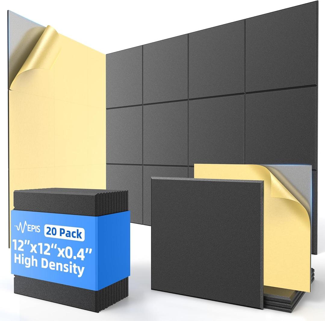 20 Pack Acoustic Panels with Self Adhesive, 12" X 12" X 0.4" High Density Sound Proof Foam Panels for Walls, Soundproof Wall Panels, Square Sound Absorbing Panels for Home Studio Office Decor - Black