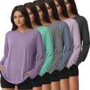 Kinglaman 6 Pack Women's Long Sleeve Workout Dry Fit Shirts, UPF 50+ Rash Guard SPF UV Sun Protection Swim Tee Shirts XXL