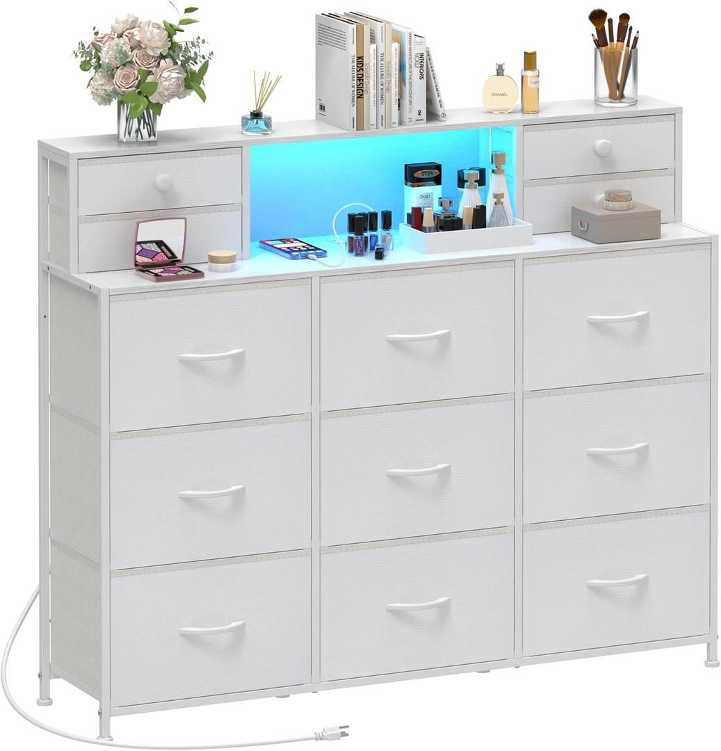 White Dressers for Bedroom with Power Outlets and LED Lights 13 Drawers Dresser Faux Leather Fabric Chest of Drawers for Bedroom Living Room Hallway Entryway Closets Sturdy Frame Wood Top, 47.3"D x 18.5"W x 39.4"H