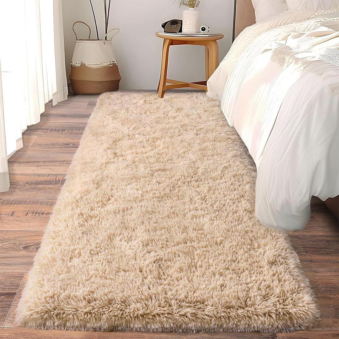 Soft Runner Rugs for Bedroom Hallways, 2x6 Beige Fluffy Shag Throw Area Rug Non Slip for Bedside Dorm, Long Shaggy Furry Carpet for Nursery Living Room (2x6 Feet(1 pc))