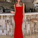 BORIFLORS Women's Ruched Bodycon Maxi Dress Mesh Sleeveless Square Neck Formal Beach Wedding Guest Cocktail Long Dresses (Red, L)