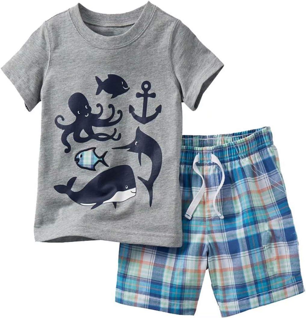 Funnymore Toddler Boy's Kids Summer Clothes,Short Sleeve T-Shirt and Shorts Outfit Set Grey Fish 3t
