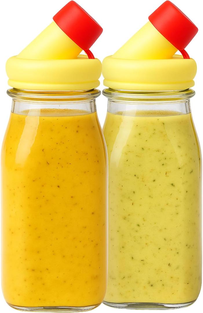 Kitchentoolz Salad Dressing Shaker Bottle 12oz Glass Bottle with Silicone Pour Spout and Tamper-Proof Lid for Sauces and Marinades - Pack of 2 (Yellow)