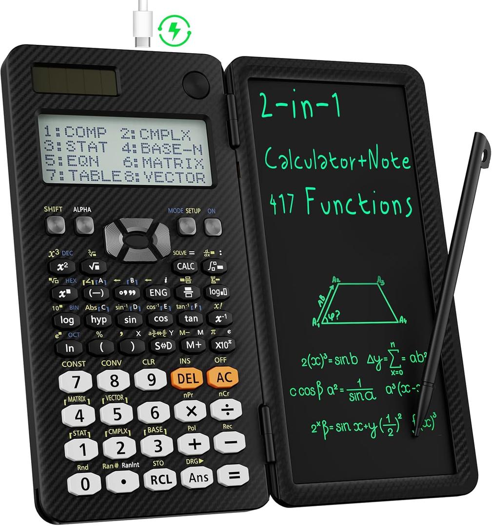 Rechargeable ROATEE 991ES MAX Scientific Calculators, CalcNote Multiview 4-Line Display with LCD Writing Tablet Notepad, Foldable Portable for Business High School College Students and Teacher (Black)