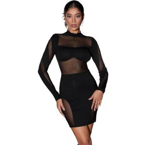 GORGLITTER Women's Sheer Mesh Cut Out Bodycon Dress Long Sleeve Mock Neck Mini Pencil Dresses (Large, Black)