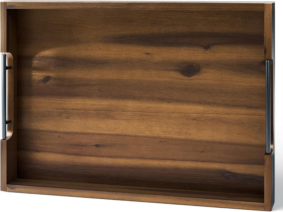 20 Inch Acacia Wood Ottoman Tray for Living Room - Coffee Table Trays, Serving Tray with Handles for Ottoman Table, Decorative Trays for Home Decor, Charcuterie Boards (Walnut Color) (20" x 14" x 2.3")