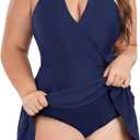 Ocean Blues Women's Plus Size V-Neck One Piece Swimdress Halter Wrap Swimsuit Tummy Control One Piece Skirt Bathing Suit (L)