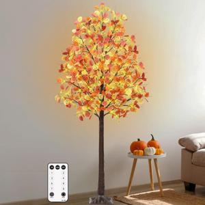 6Ft Fall Tree with Lights, 130 LEDs Artificial Fall Light Up Eucalyptus Tree with 390 Leaves, 8 Flashing Modes, Timing, Dimmable for Indoor Outdoor Autumn Harvest Thanksgiving Halloween Decor